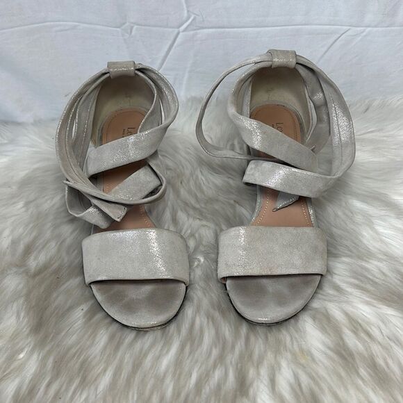 Lewit Metallic Tan Ankle Wrap Suede Block Heel Sandals Sz 37.5/7.5 - Picture 2 of 6